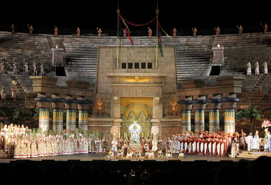 Stage set for the opera Aida performed inside the Arena of Verona.