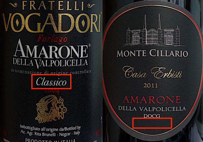 Amarone Classico and non-Classico labels