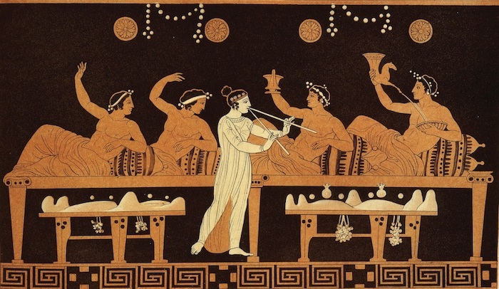 Scene of symposium from an ancient greek vase.